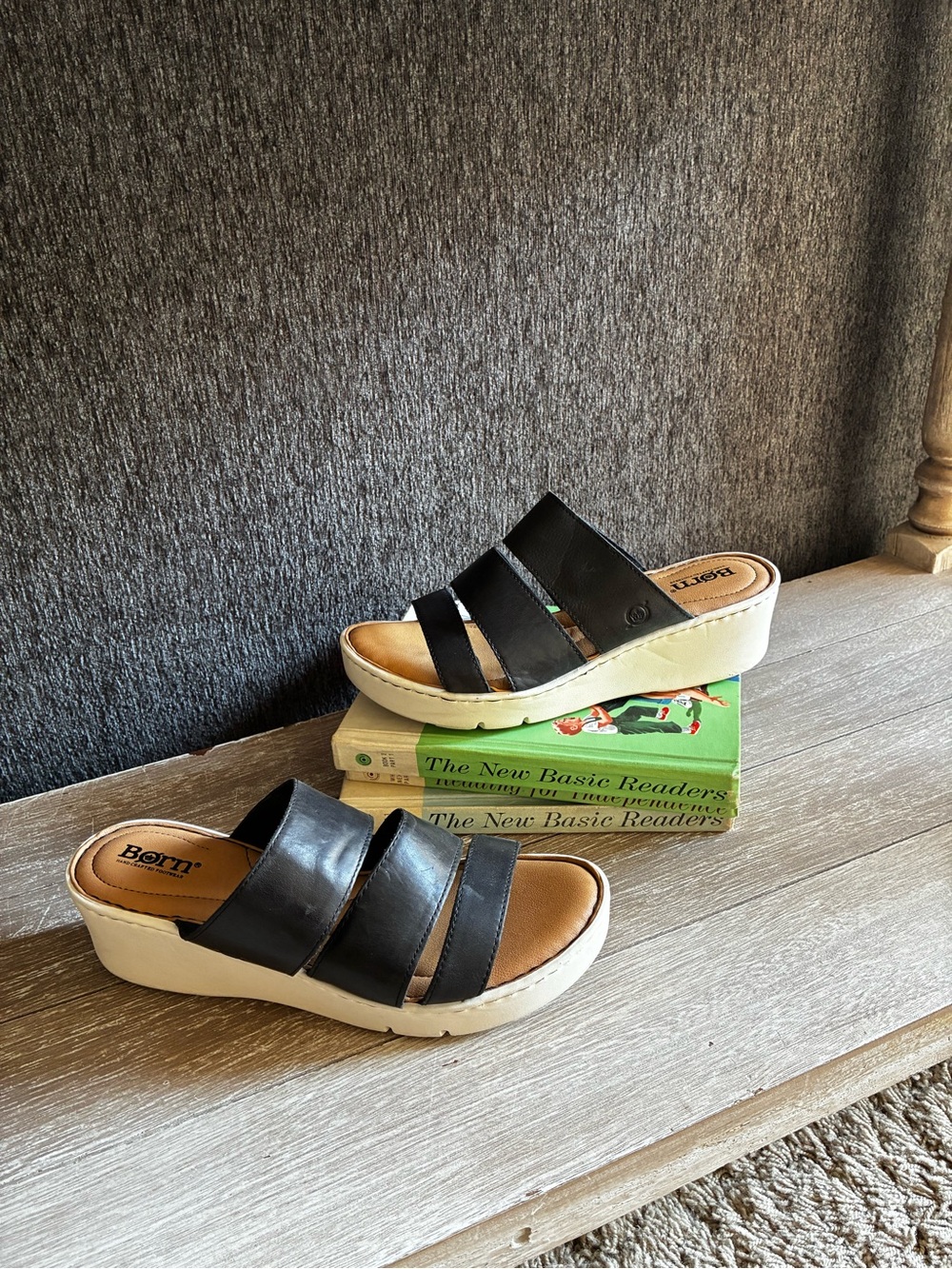 Born Black Leather Triple-Band Wedge Slides